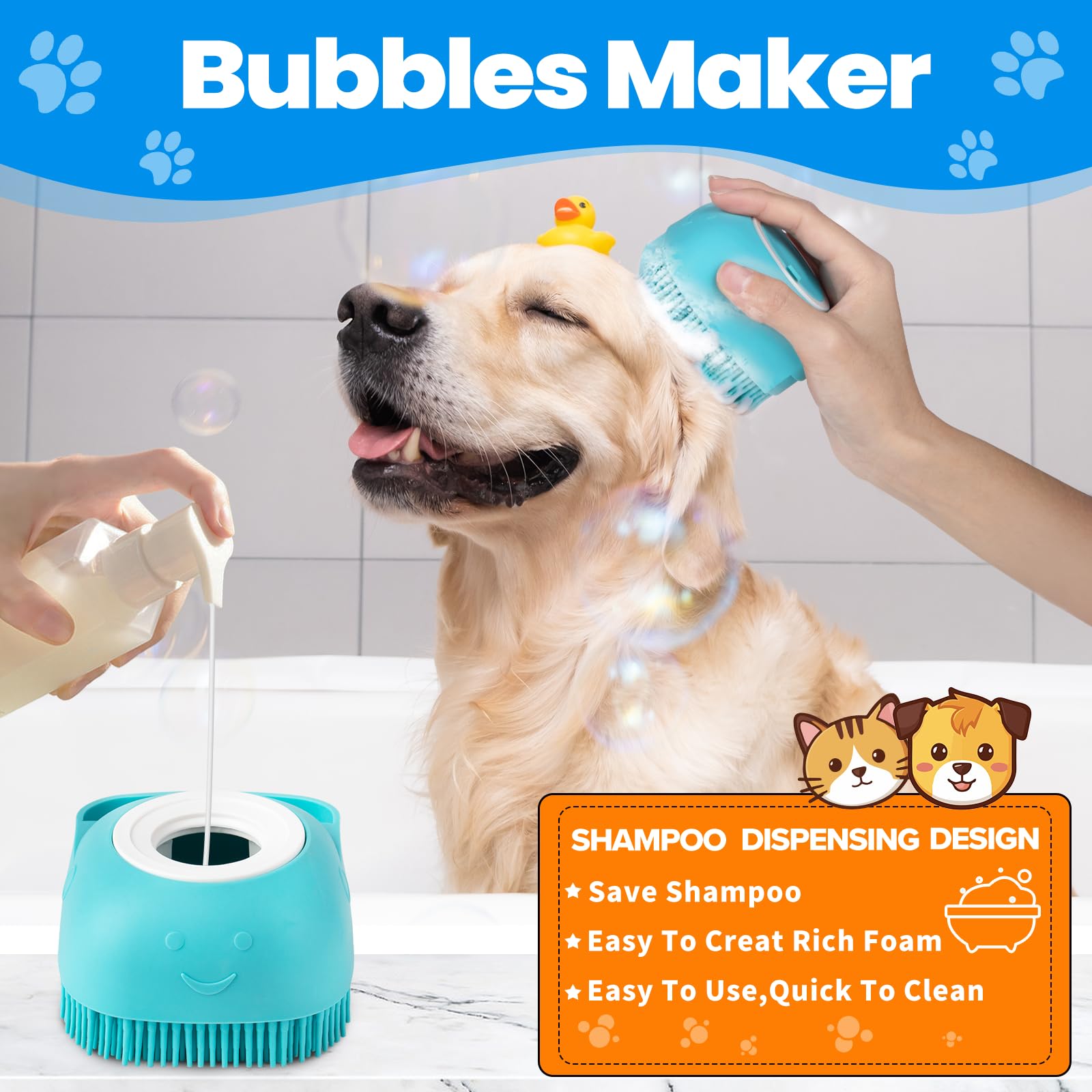 KYHSC dog bath brush anti-slip handle ensures secure grip during wet bathing sessions.