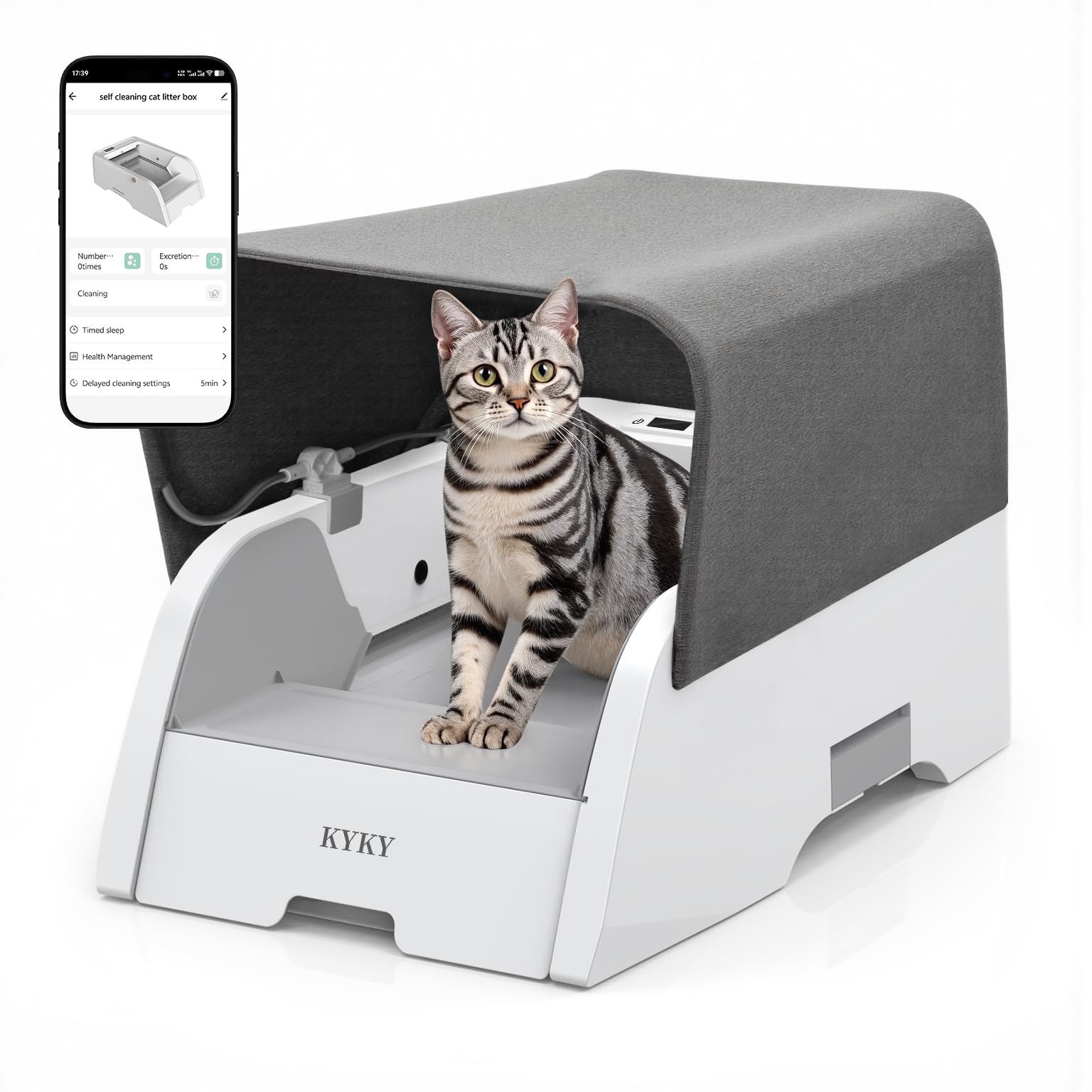 KYKY 2-in-1 self-cleaning litter box, open canopy, easy access for kittens and seniors.