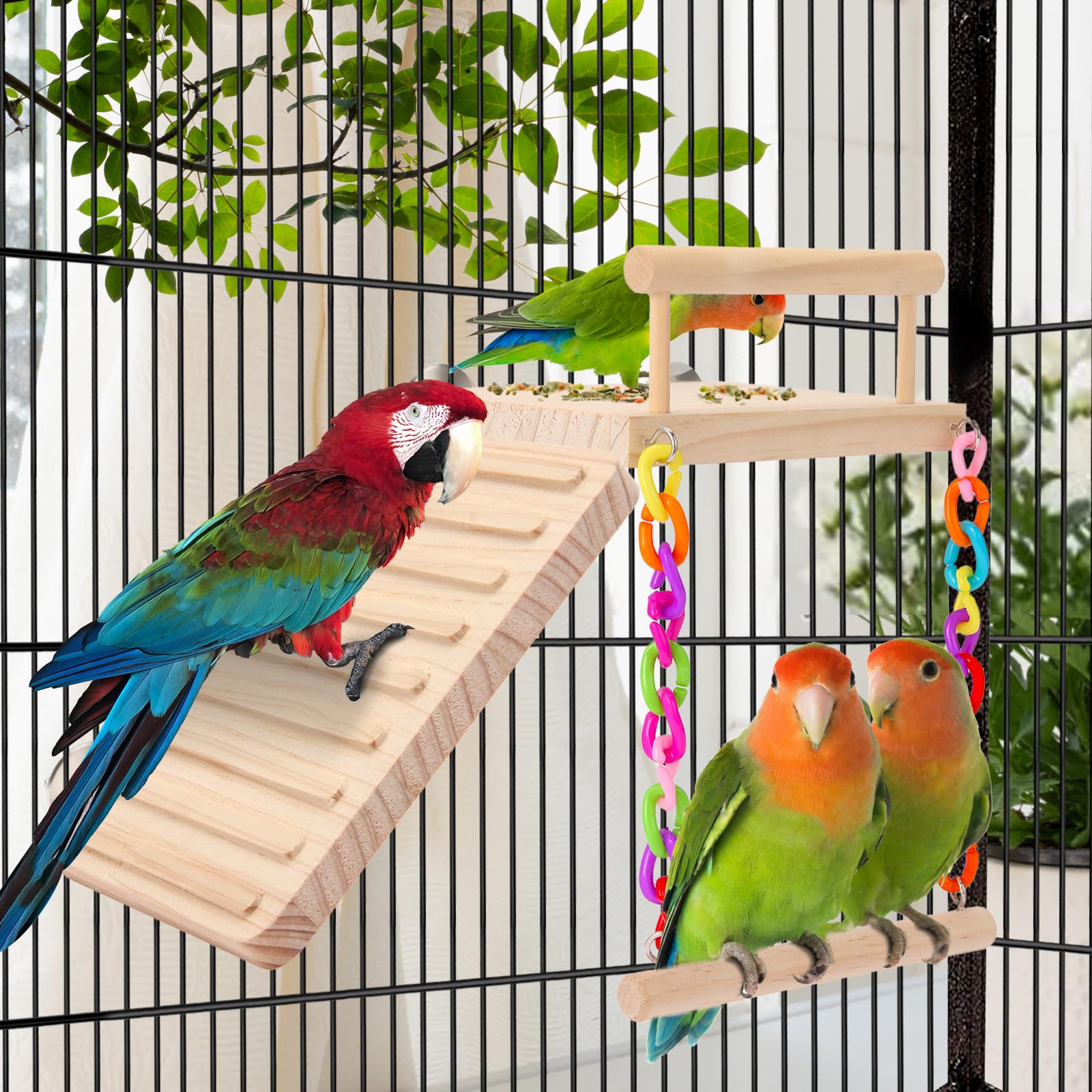 Kyouki bird perch multi-functional habitat rack supports climbing and social play.