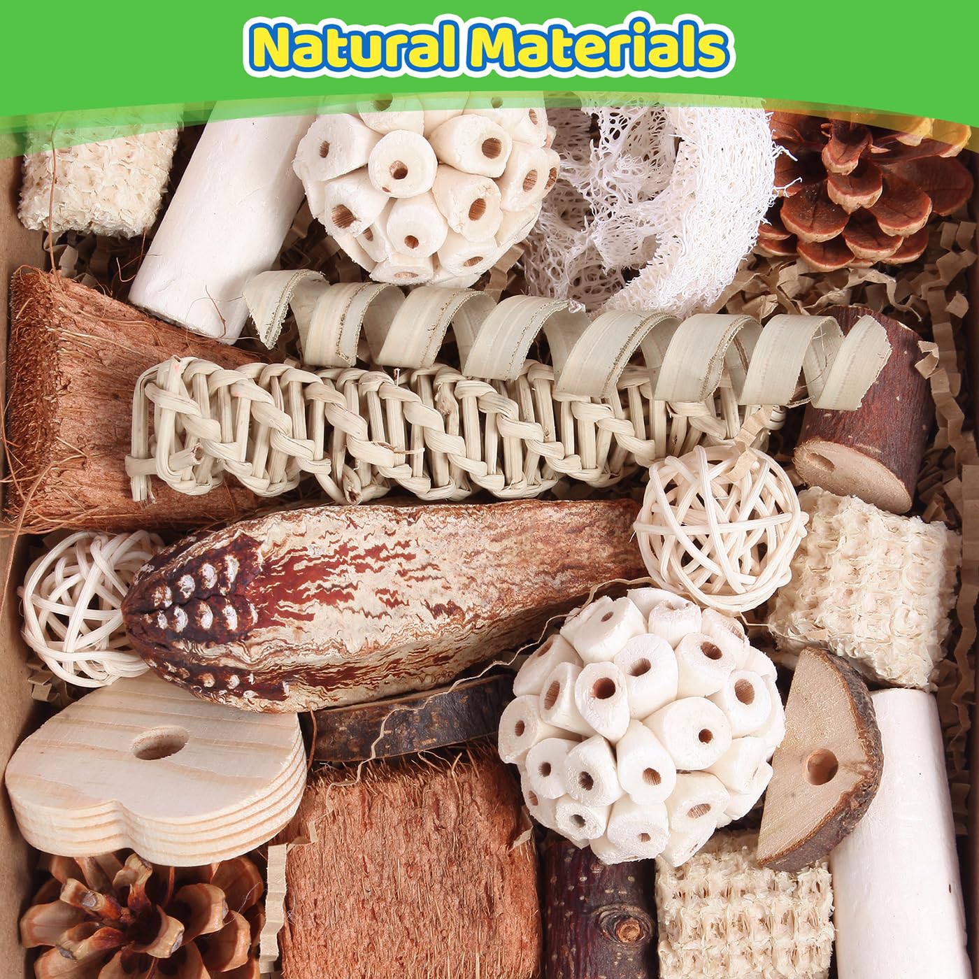 Kyouki bird toys texture variety highlighting apple wood, seagrass, and wicker exploration