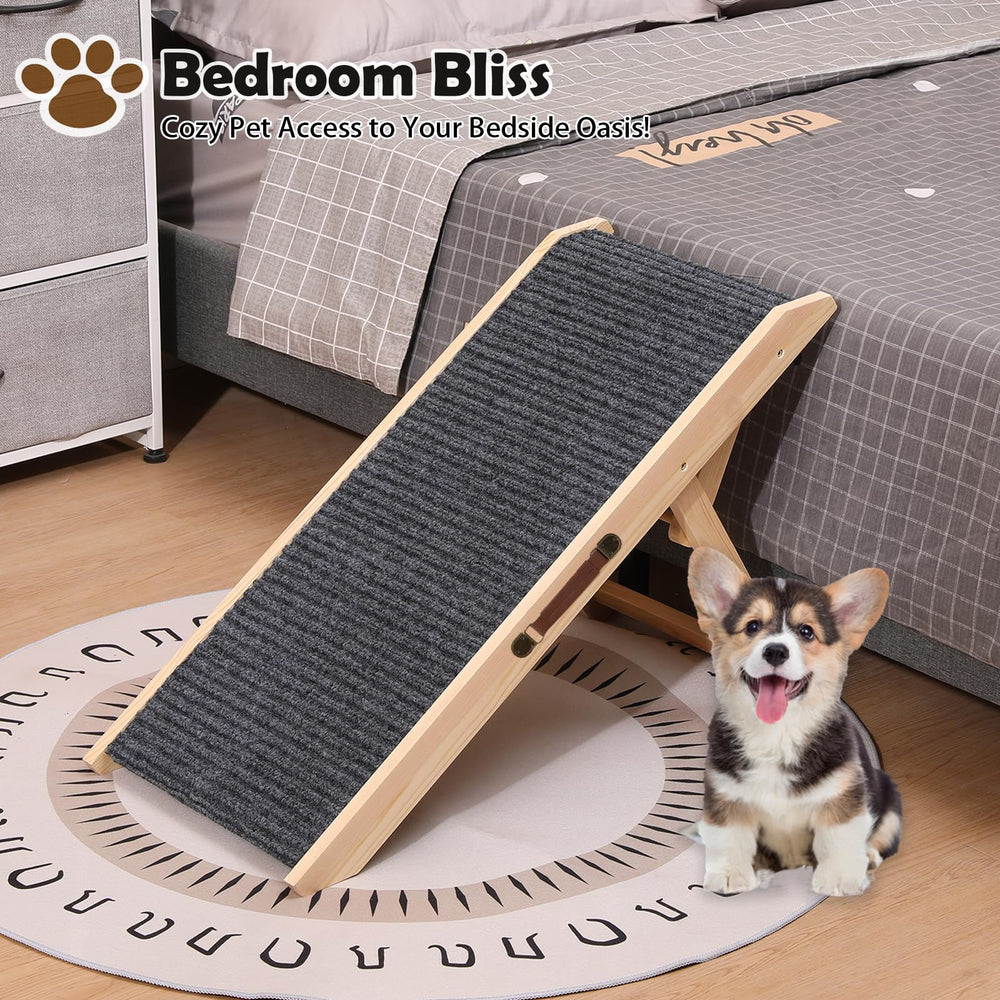 KYUYAO6 wooden foldable dog ramp side view showing adjustable height for beds.