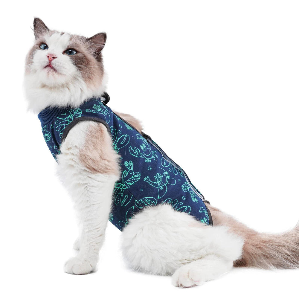 kzrfojy cat surgery recovery suit dark blue L front view for post-op comfort