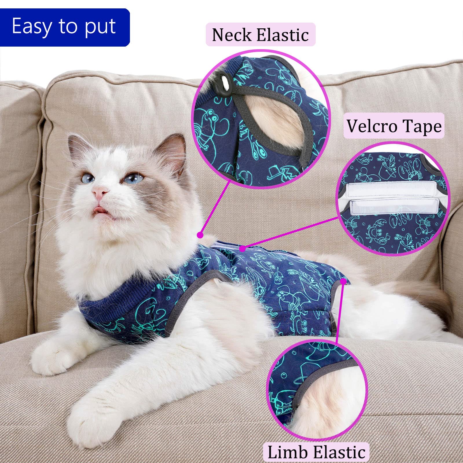 kzrfojy cat surgery recovery suit dark blue L side view showing flexible neck and limb fit for comfort