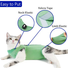 kzrfojy cat recovery-suit green small side view supports comfortable movement after neutering.