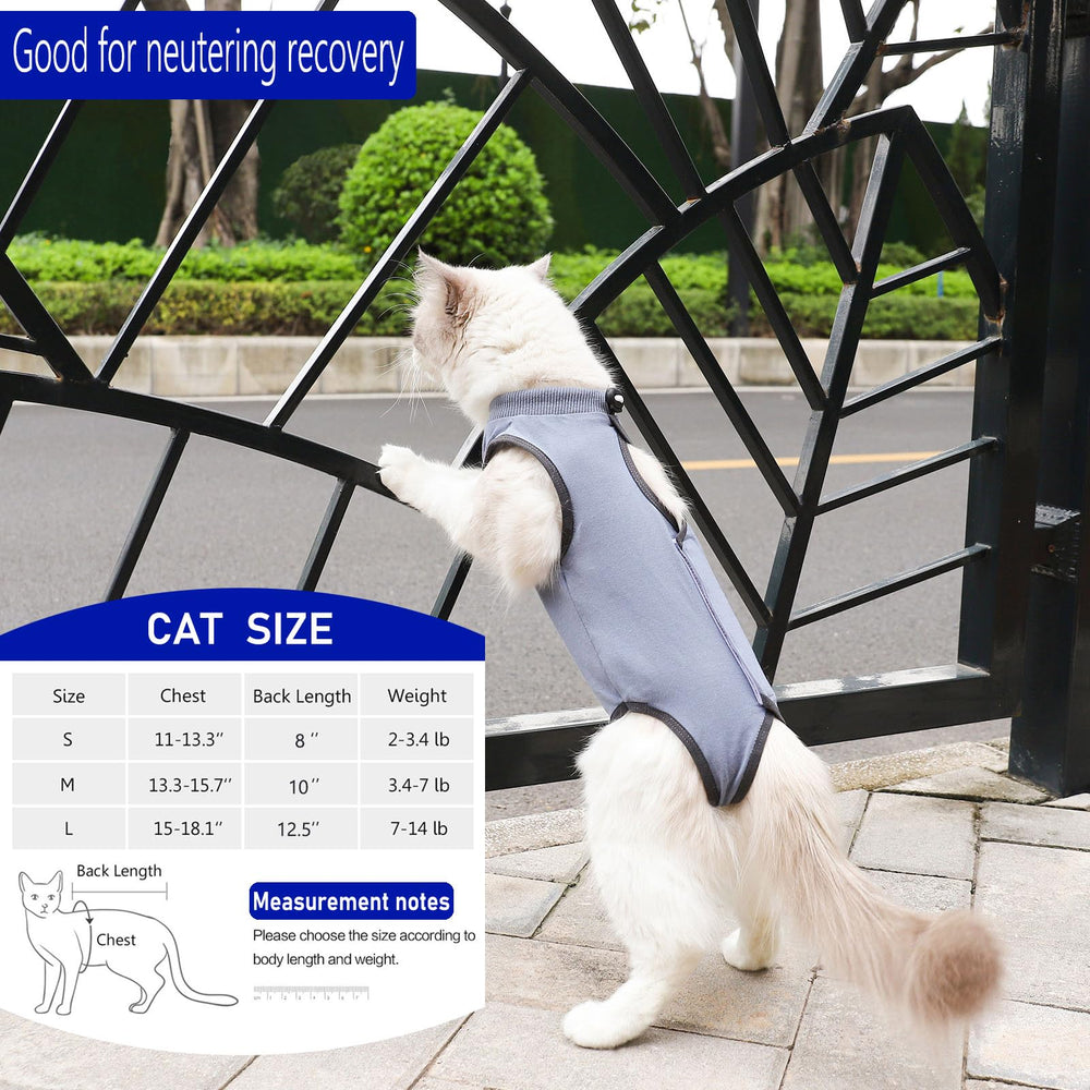 Kzrfojy Cat Surgery Recovery Suit grey-blue back view maintains fit and prevents licking while healing