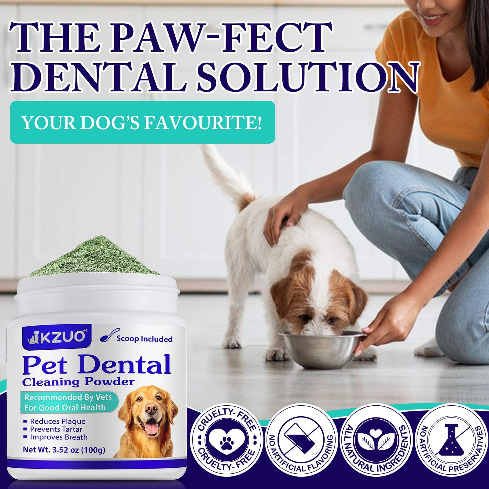 KZUO Dental Powder usage over food showing easy, mess-free care