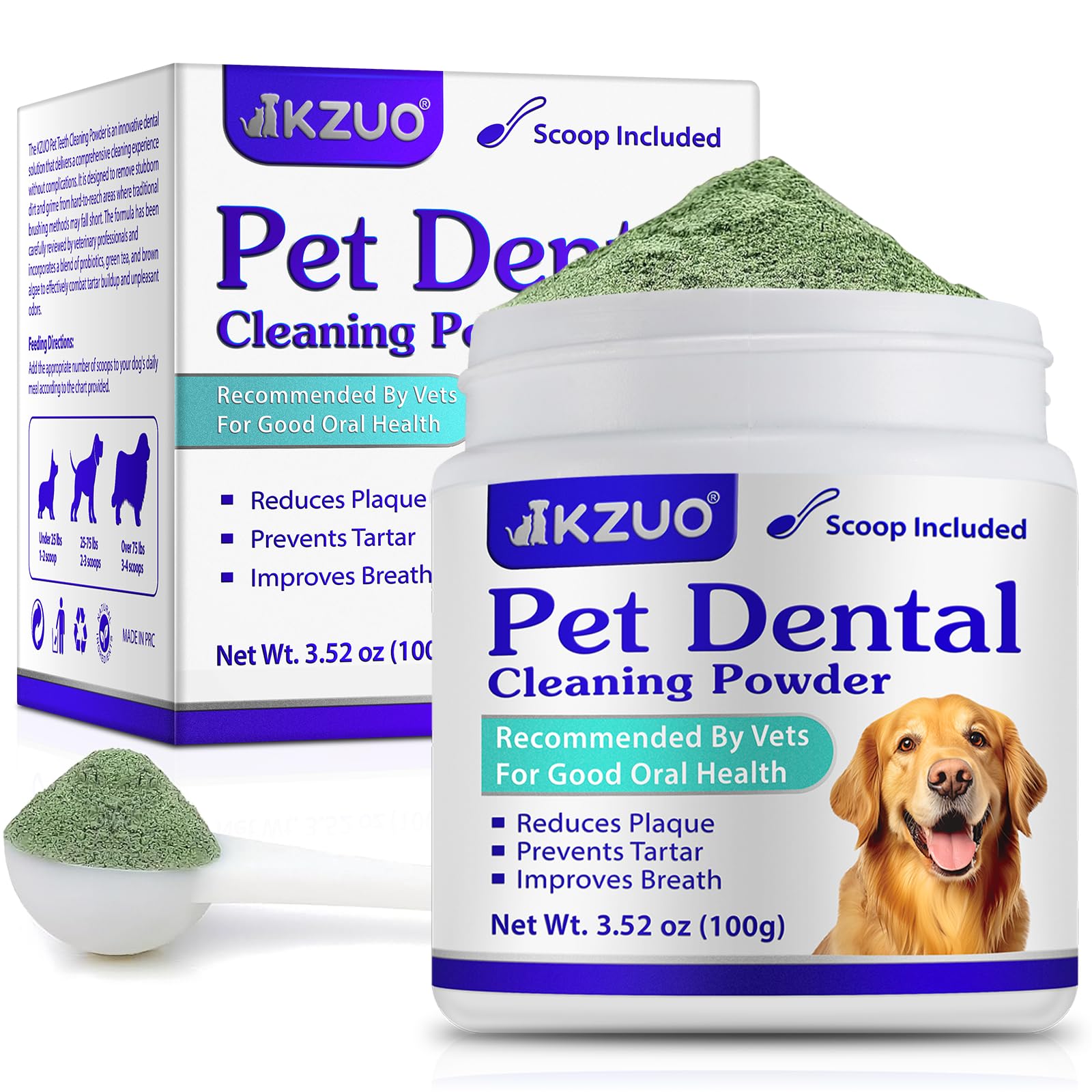 KZUO Dog Dental Powder packaging highlights convenient oral care