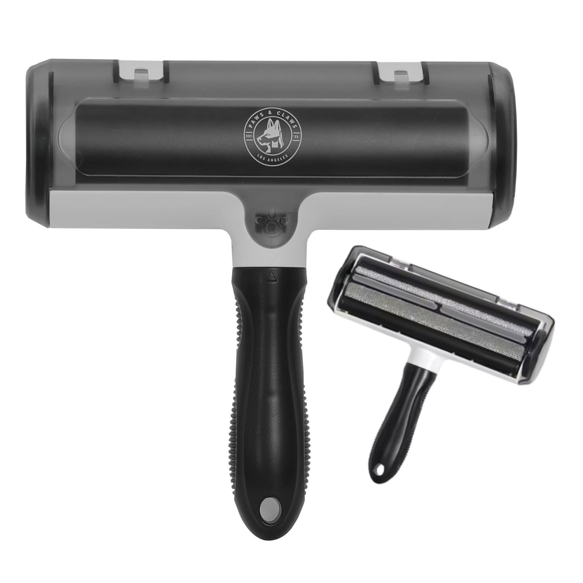 LA Paws and Claws lint roller on couch removes pet fur quickly.