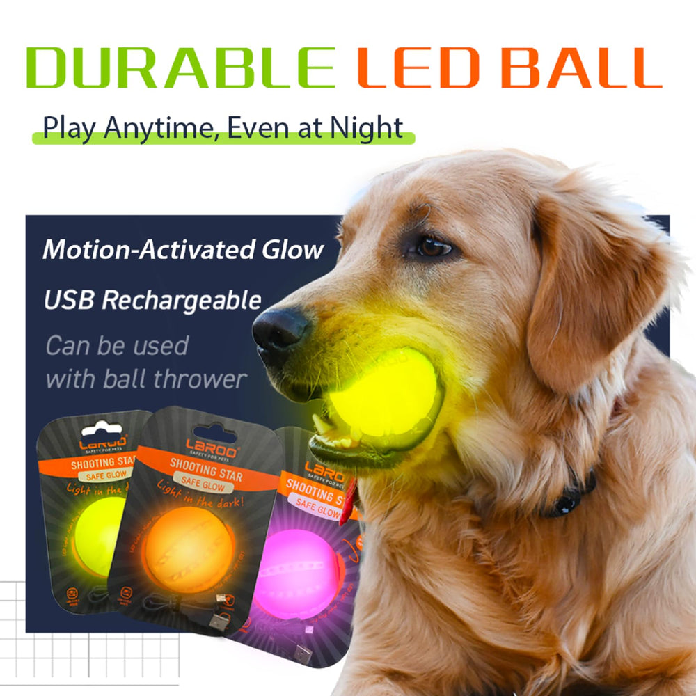 LaRoo LED dog ball close-up shows teeth-cleaning grooves.