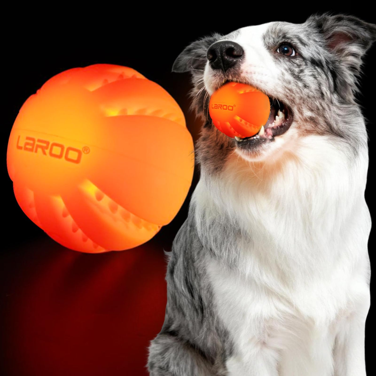 LaRoo Light Up Dog Ball front view glowing orange for nighttime fetch.