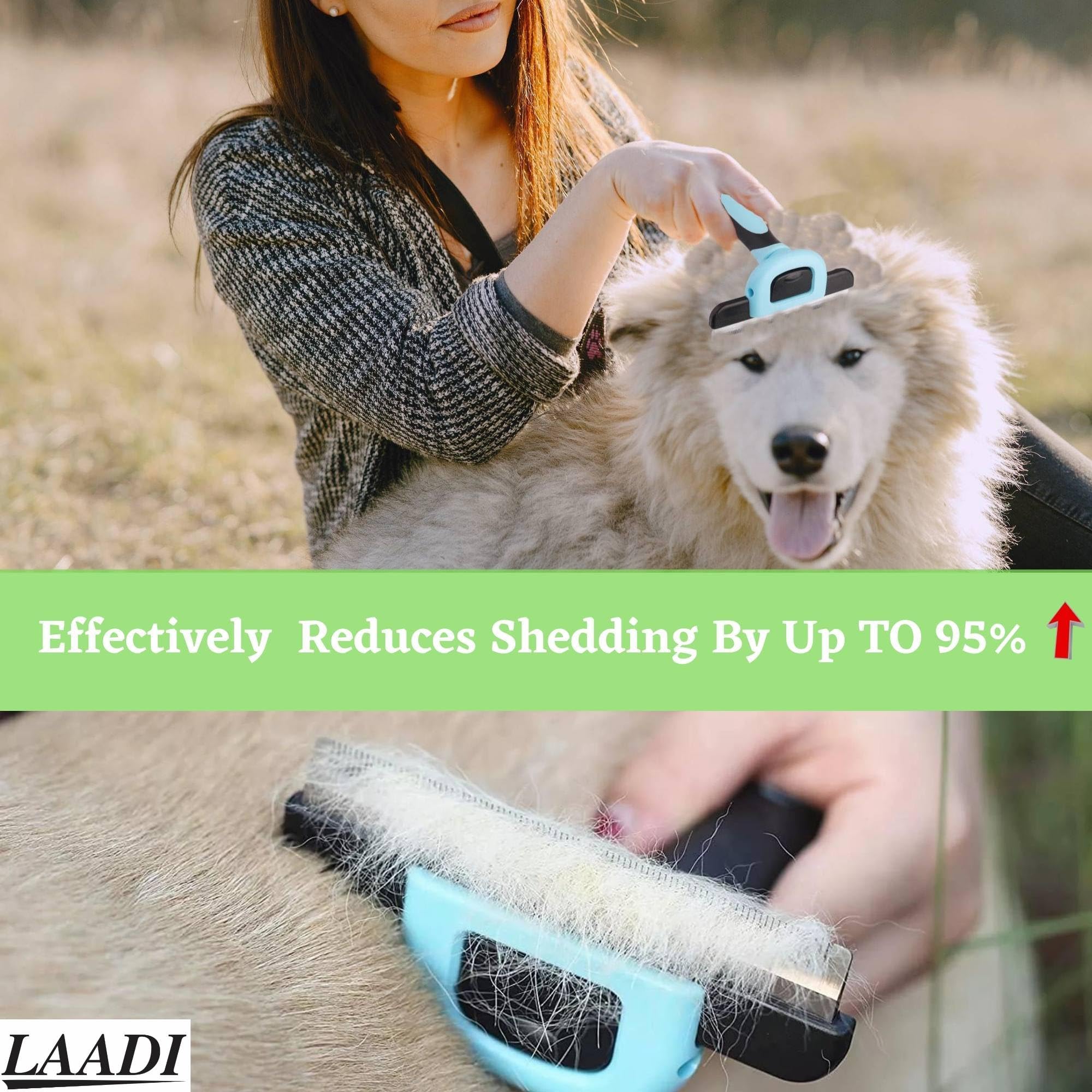 LAADI blue deshedding tool designed for a comfortable grip and long brushing sessions.