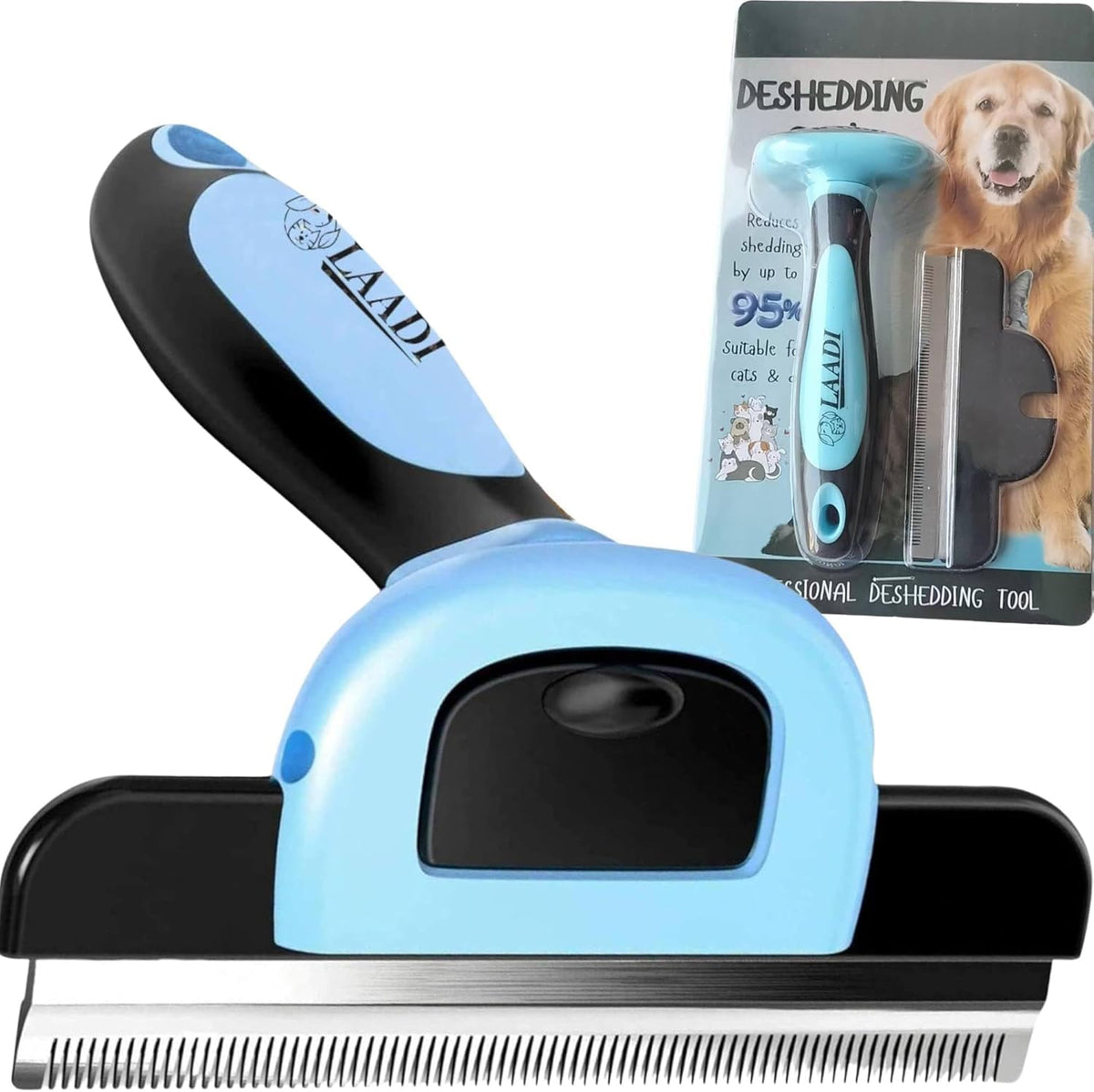 LAADI deshedding tool with brush head reduces shedding up to 95% in minutes.
