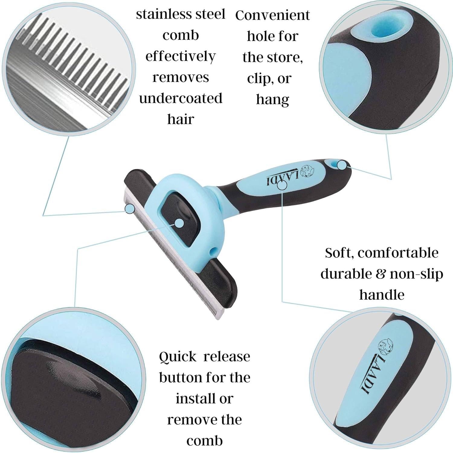 LAADI deshedding tool ergonomic handle minimizes hand fatigue during grooming sessions.