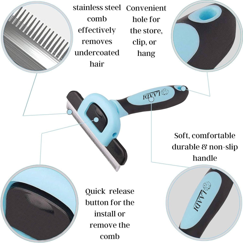 LAADI deshedding tool ergonomic handle minimizes hand fatigue during grooming sessions.