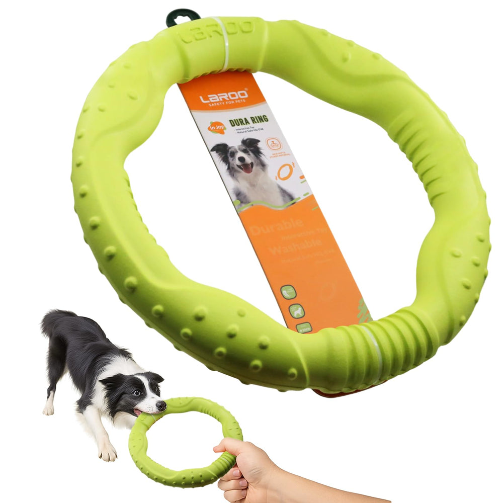 LaRoo floating-disc-green close-up showing durable, safe materials for fetch play