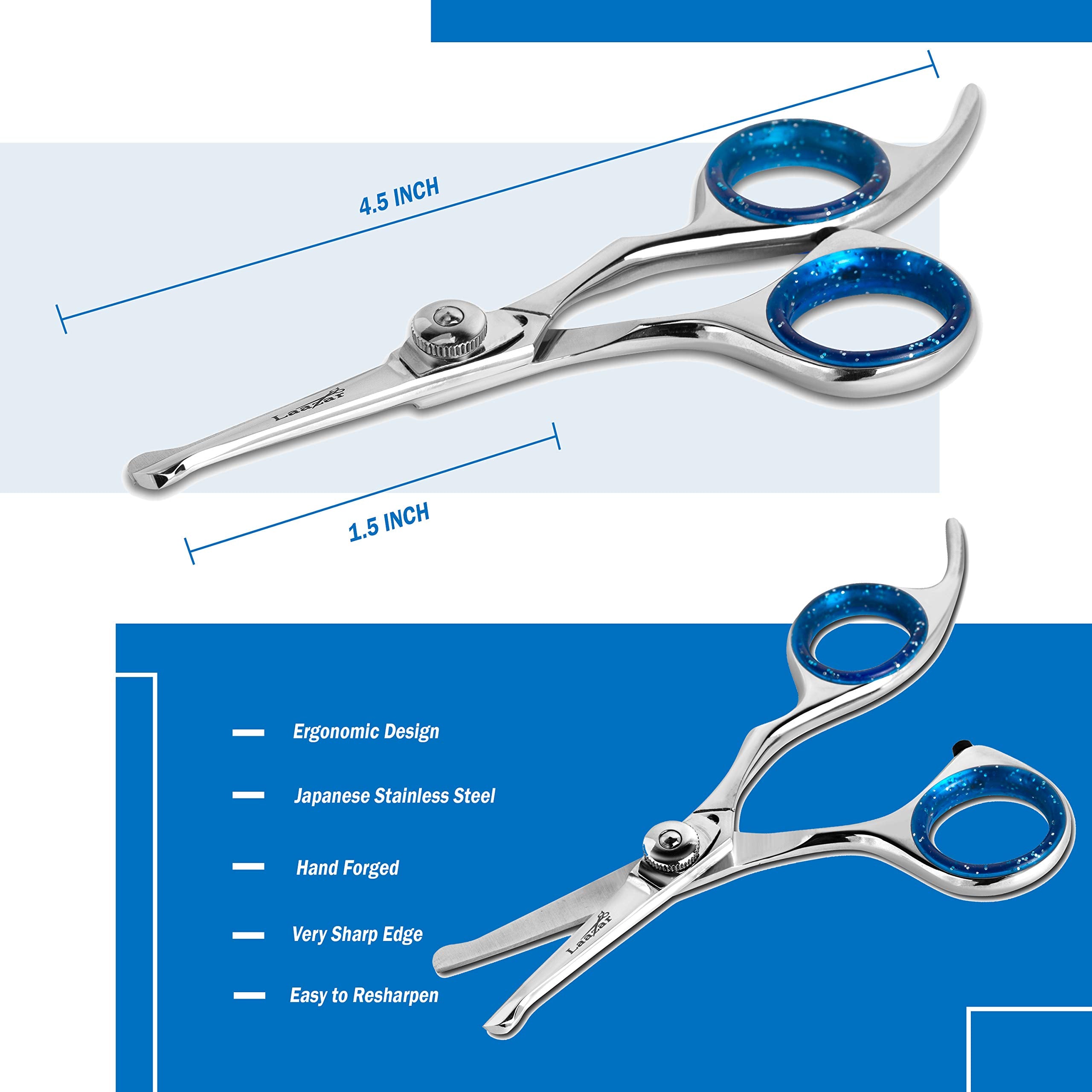 Laazar straight dog grooming scissors blue jelled comfort rings ease grip