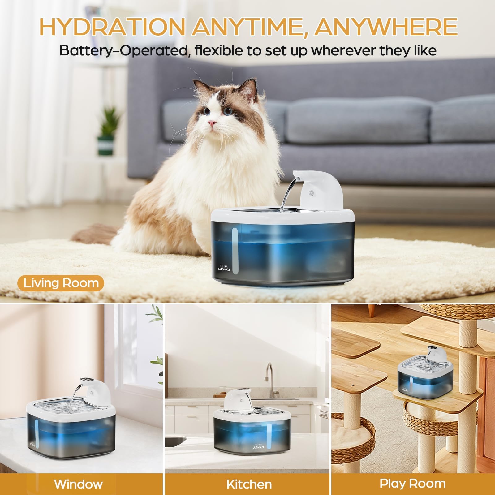 Labeeka wireless cat fountain 4-layer filtration keeps water clean and odor-free.