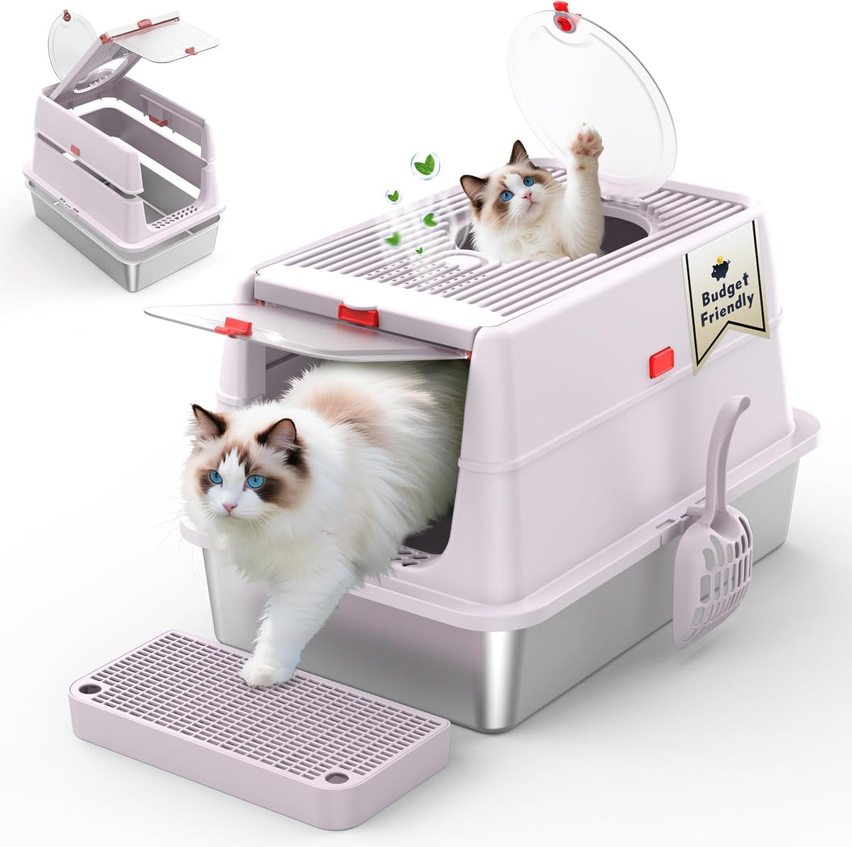 Labeta stainless steel litter box with flip-top lid enables effortless scooping and quick cleaning.
