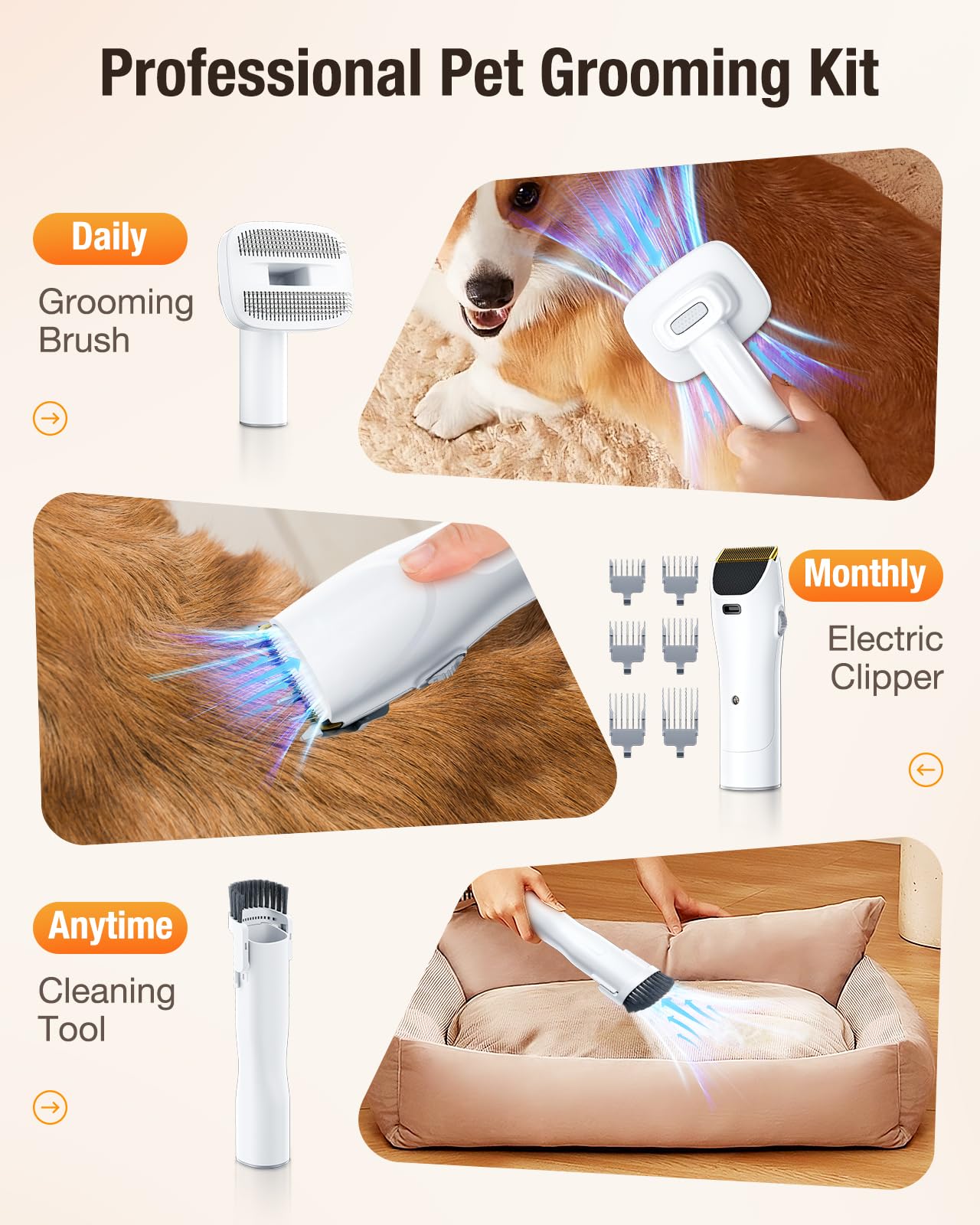 LABIGO Dog Grooming Vacuum 5.2ft hose enables flexible grooming in various spaces.