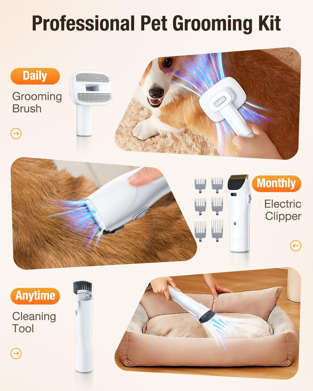 LABIGO Dog Grooming Vacuum 5.2ft hose enables flexible grooming in various spaces.