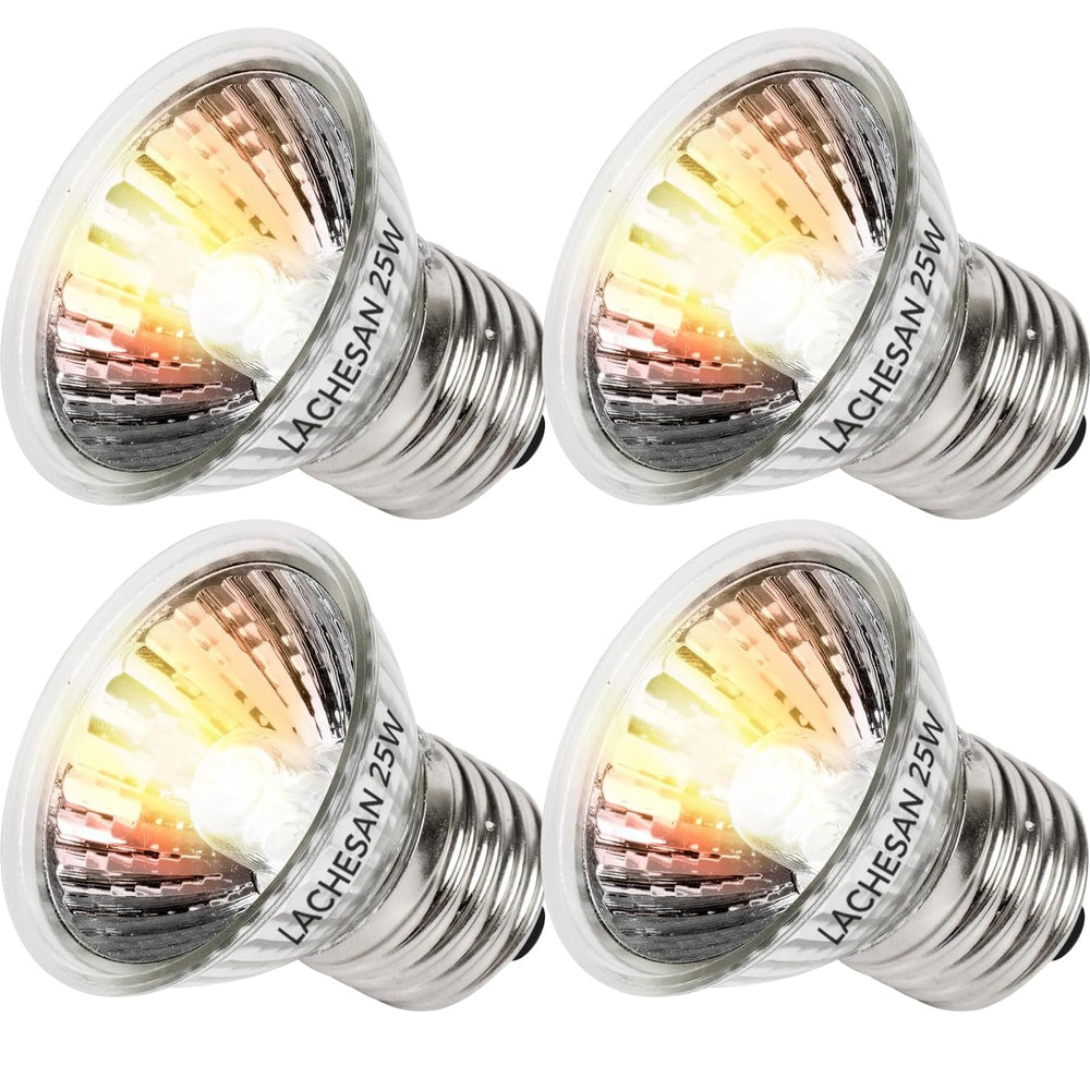 Lachesan 4-pack 25W UVA bulbs, top view, for basking warmth in terrariums.