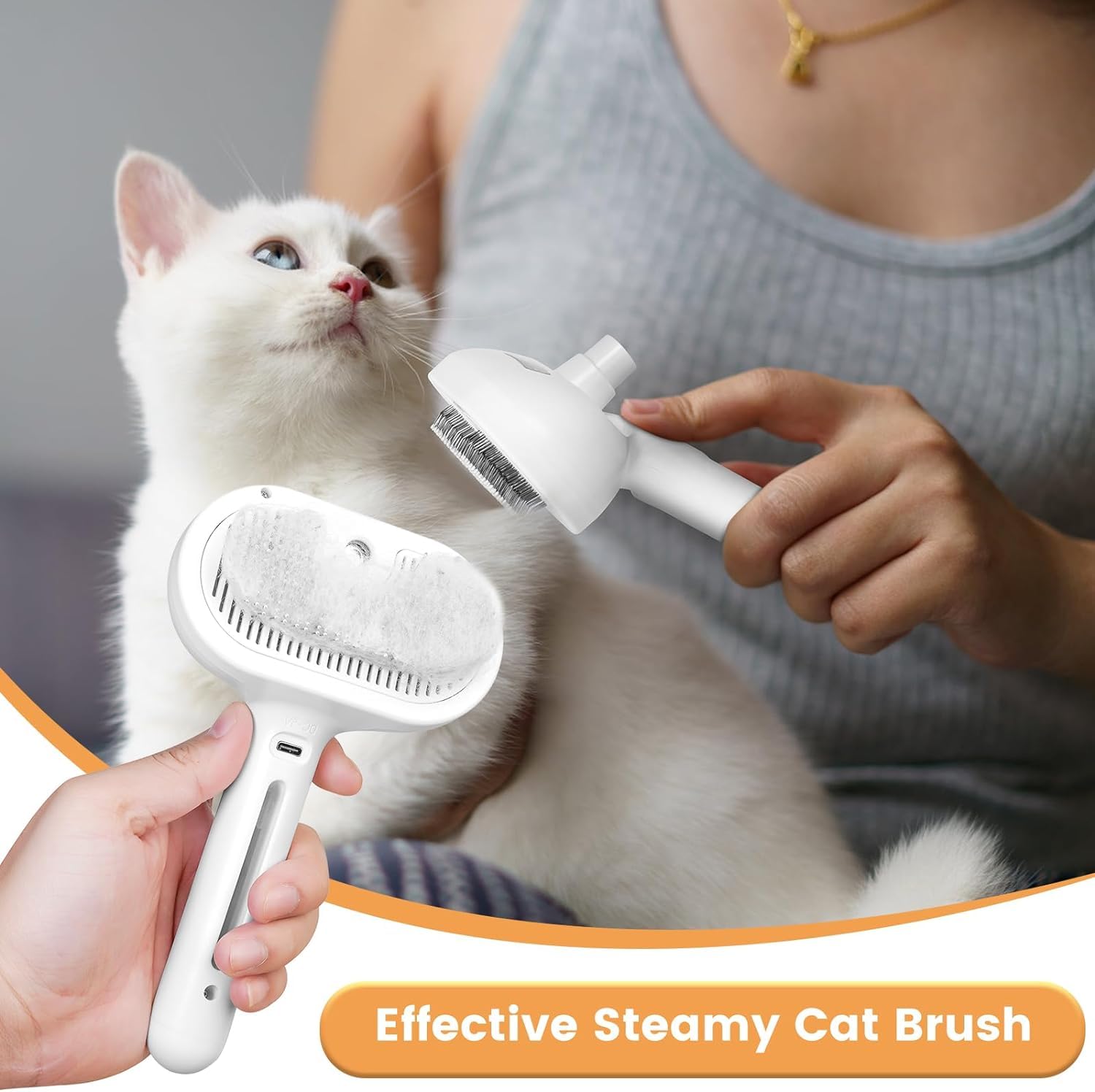 LACOKI Cat Steam Brush in-use on a cat shows versatile grooming