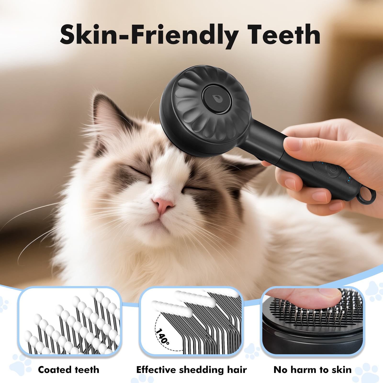 LACOKI Cat Steam Brush uses stainless steel teeth for safe grooming.