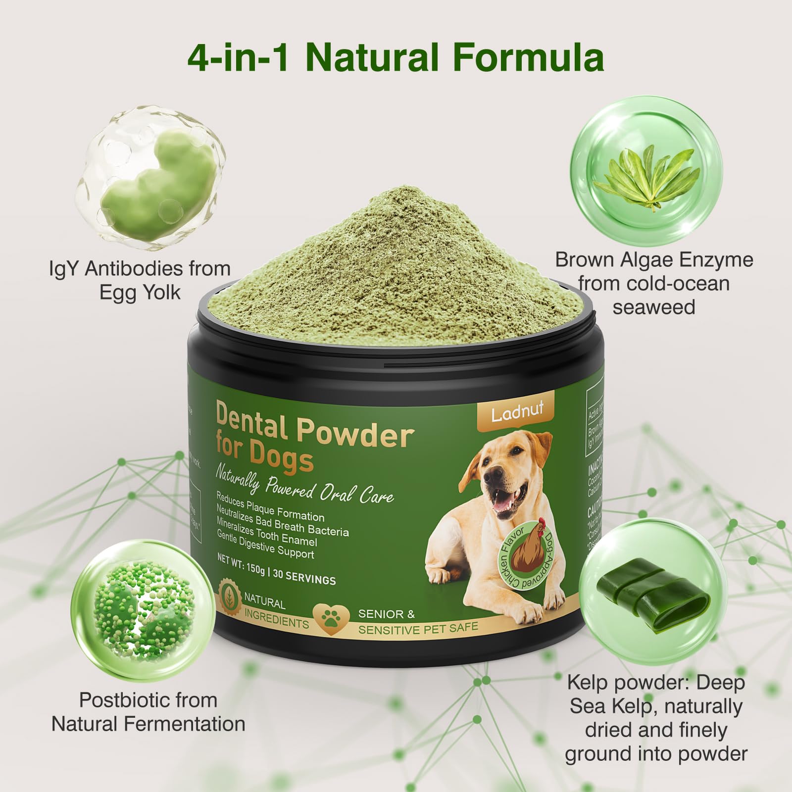 Ladnut packaging highlighting natural ingredients for canine dental care.