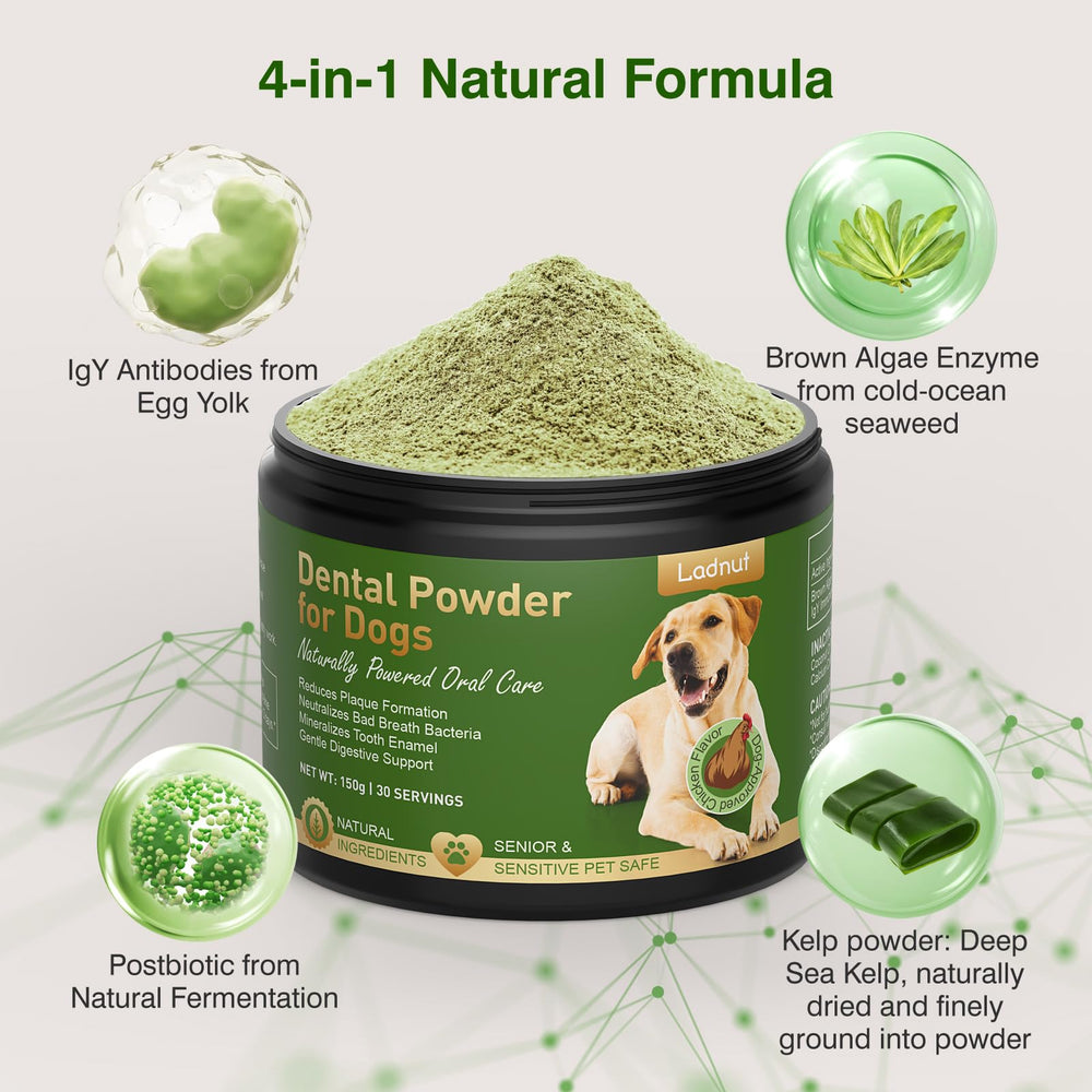 Ladnut packaging highlighting natural ingredients for canine dental care.