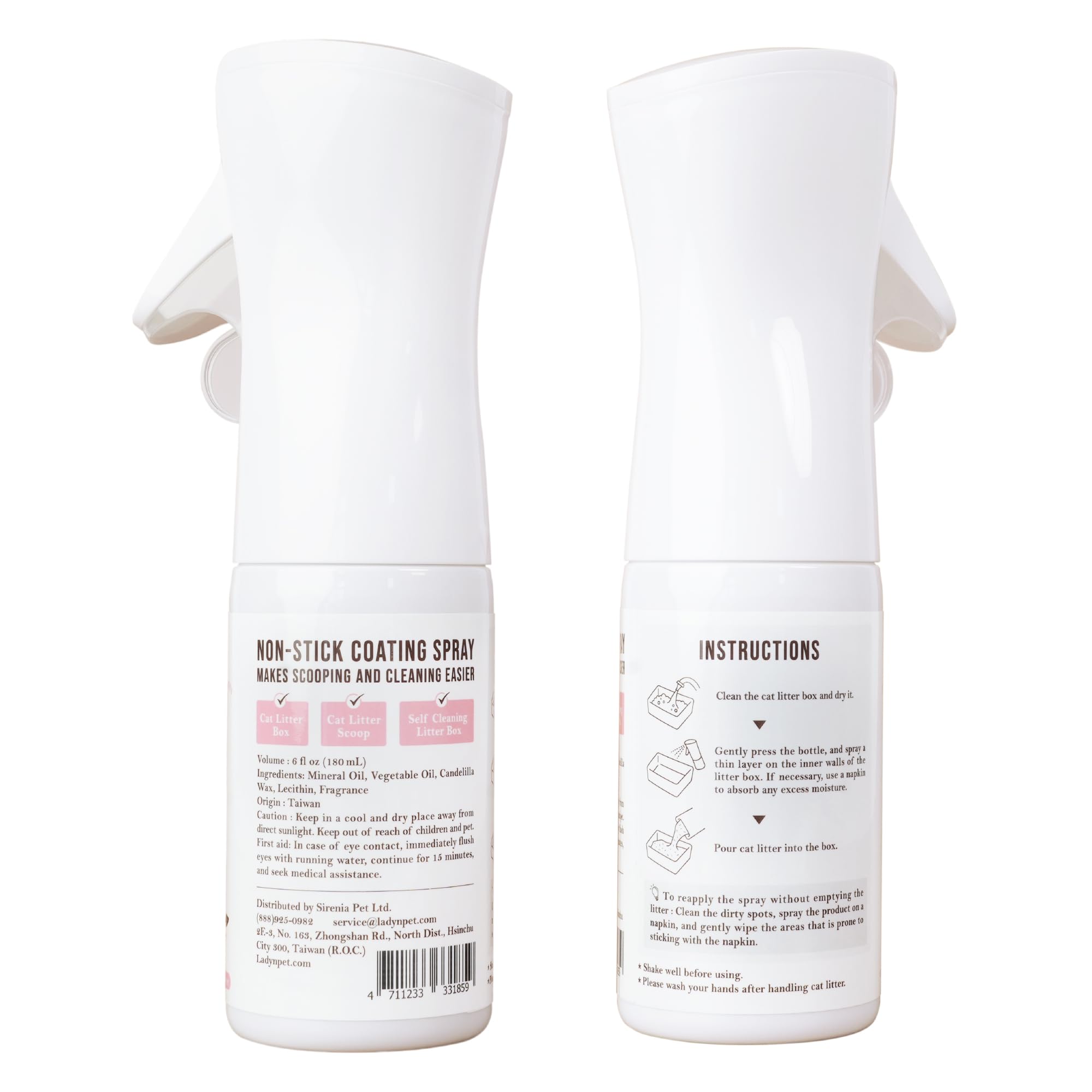 Lady N non-stick spray application steps highlighting simple setup for cleaner litter boxes