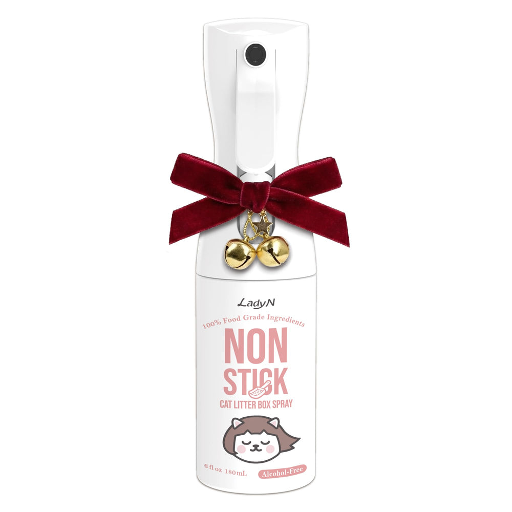Lady N non-stick spray bottle showing quick four-step application for easy litter box maintenance