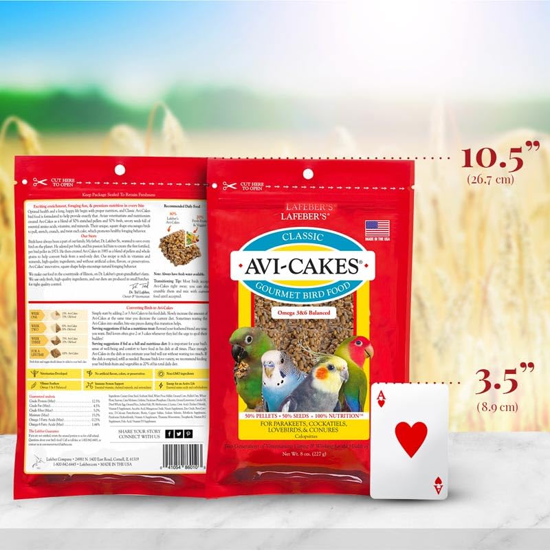 LAFEBER'S Avi-Cakes label highlights 2x8oz, non-GMO, human-grade ingredients.