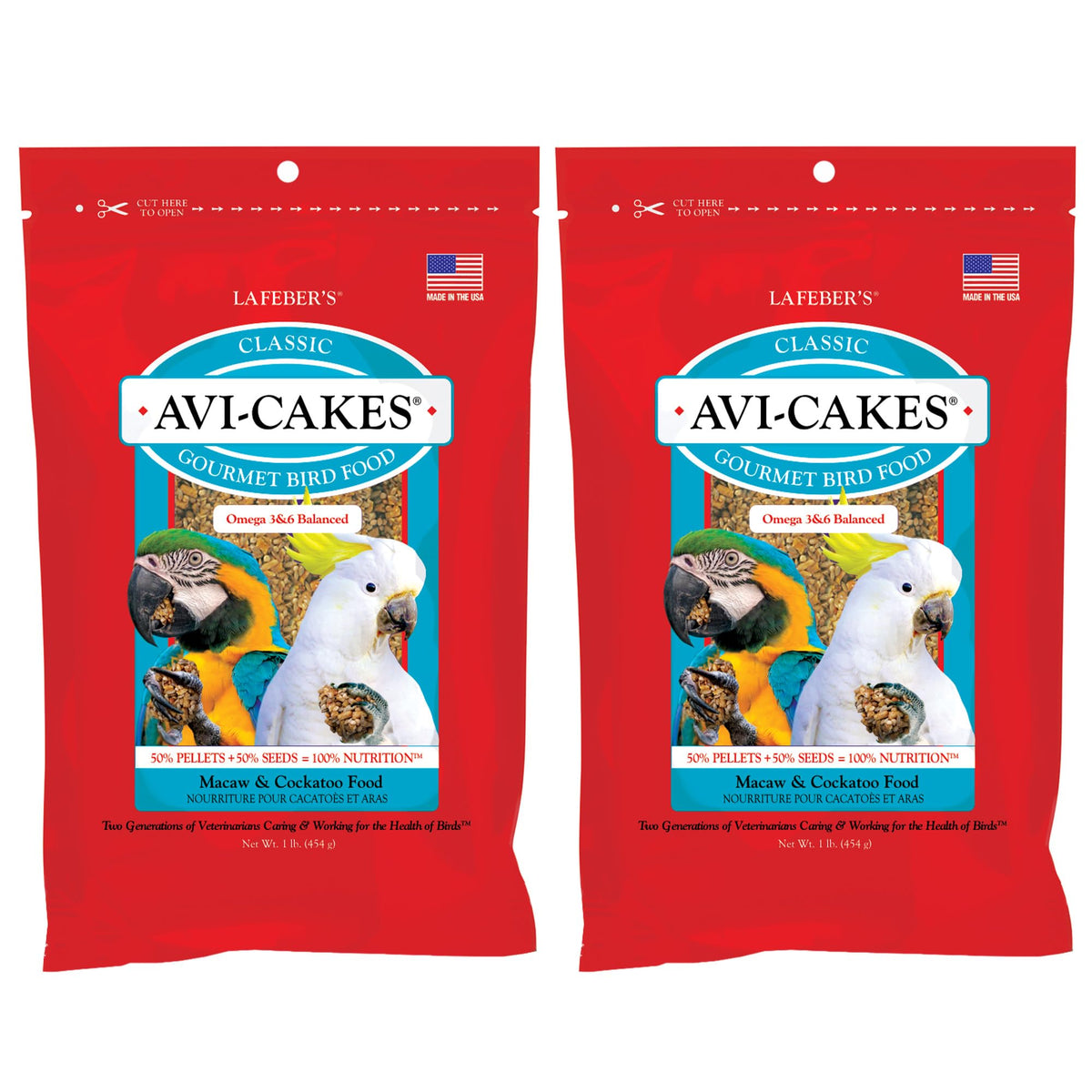 LAFEBER'S Classic Avi-Cakes packaging highlights non-GMO, human-grade ingredients.