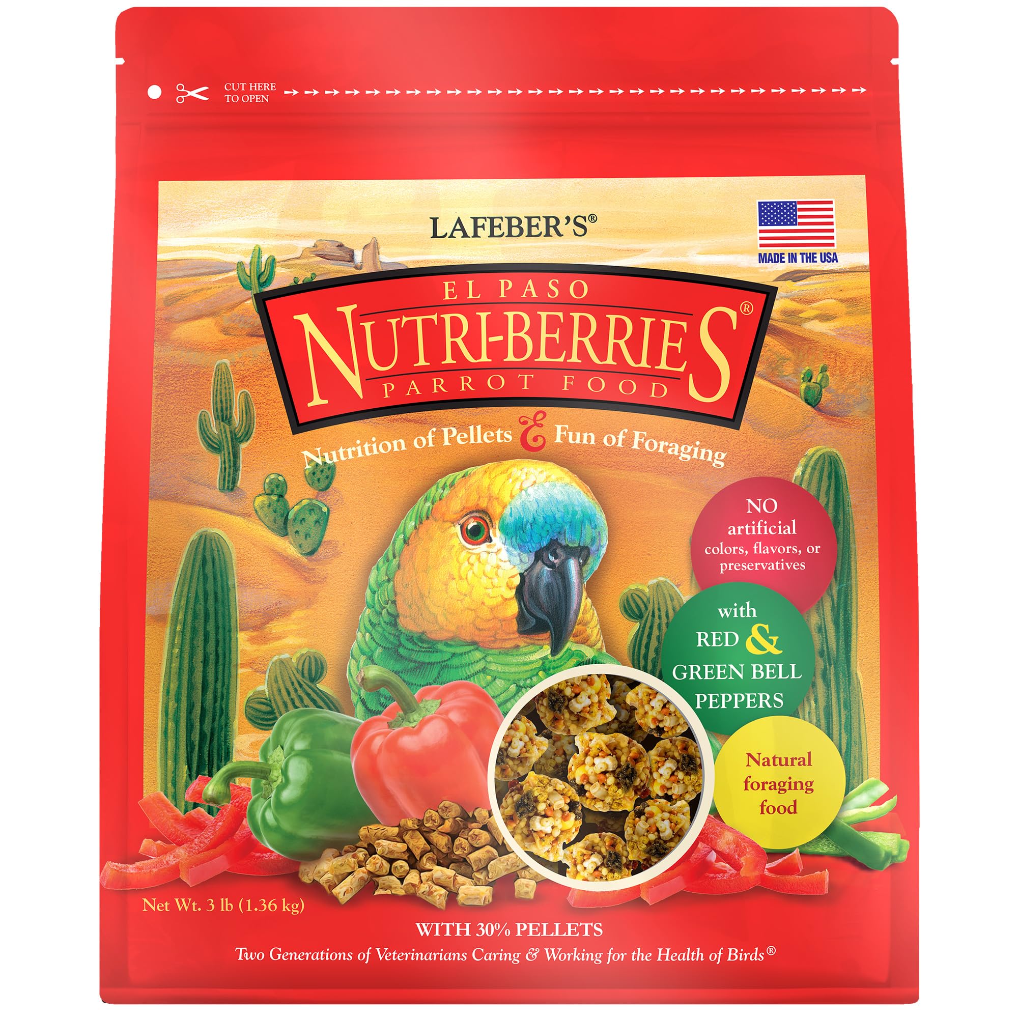 LAFEBER'S El Paso Nutri-Berries in a bowl emphasize complete parrot nutrition.