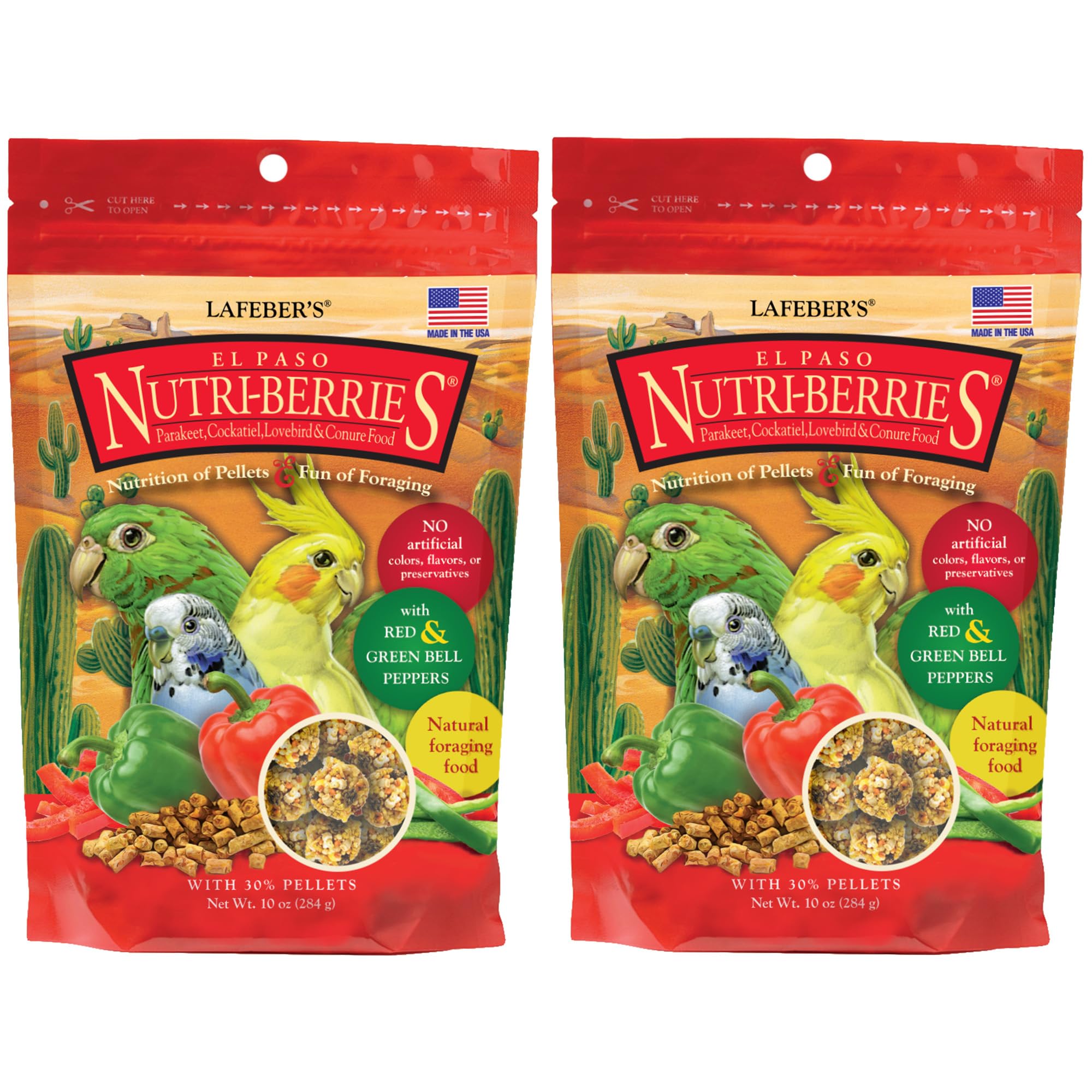 LAFEBER'S El Paso Nutri-Berries peppers closeup shows premium non-GMO ingredients for small-bird nutrition.