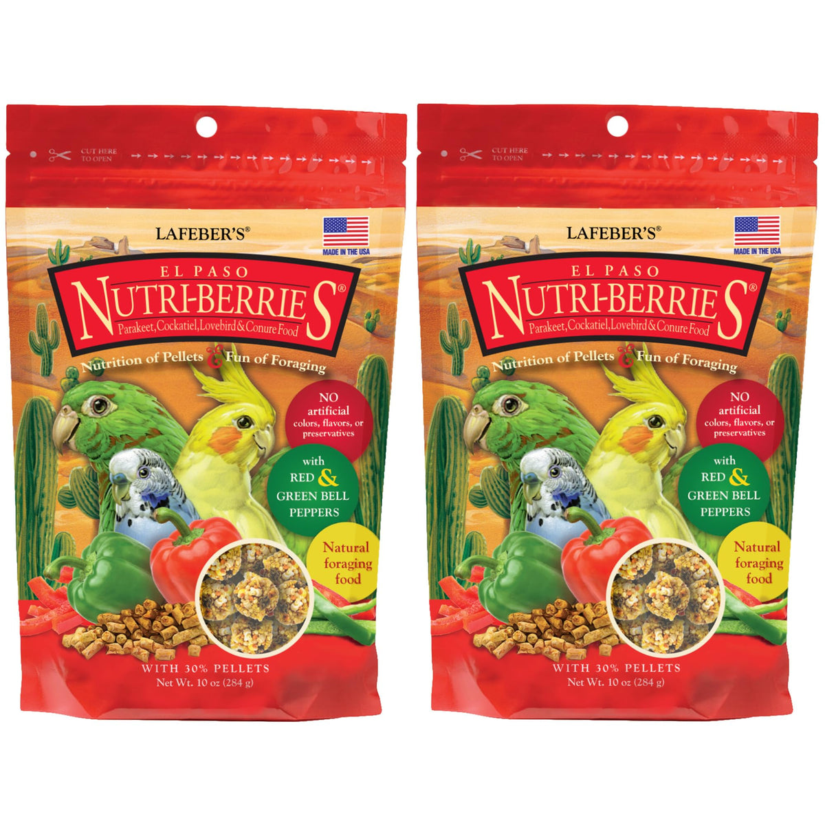 LAFEBER'S El Paso Nutri-Berries peppers closeup shows premium non-GMO ingredients for small-bird nutrition.
