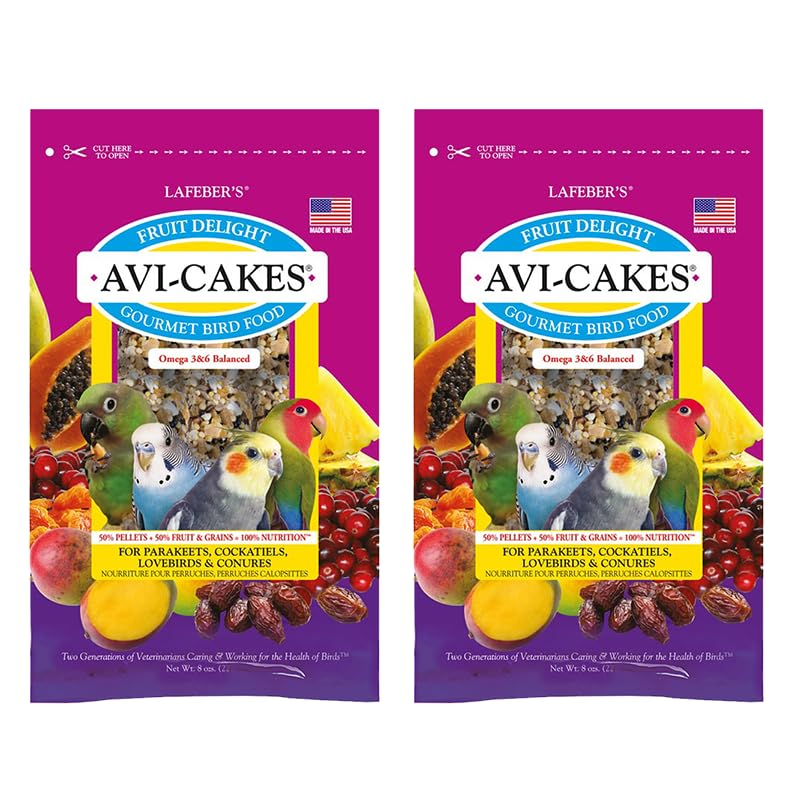 LAFEBER'S Fruit Delight Avi-Cakes packaging highlights gourmet foraging-ready bird food.