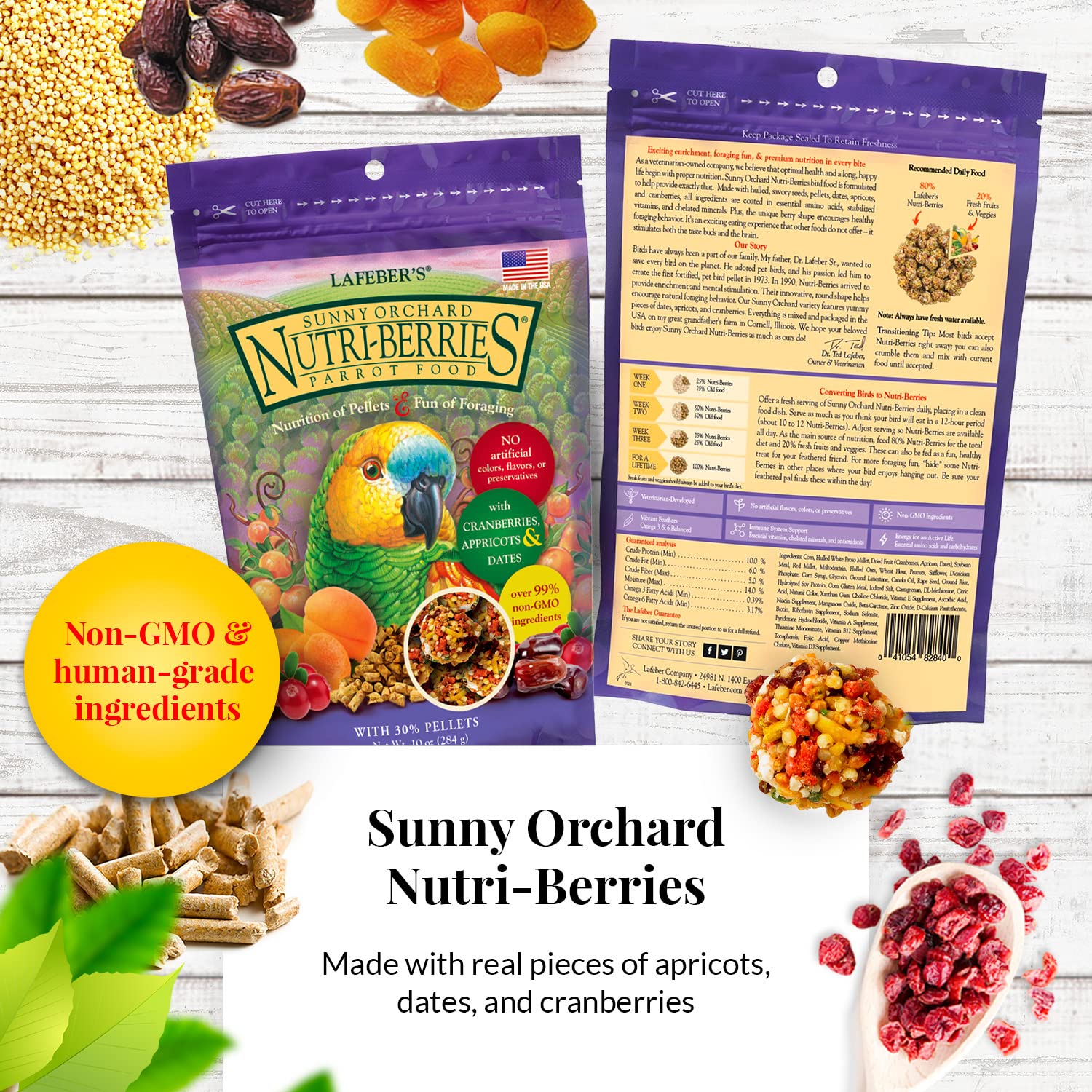 Lafebers Gourmet Nutri-Berries Sunny Orchard bag with cranberries and dates for antioxidant-rich snacking.