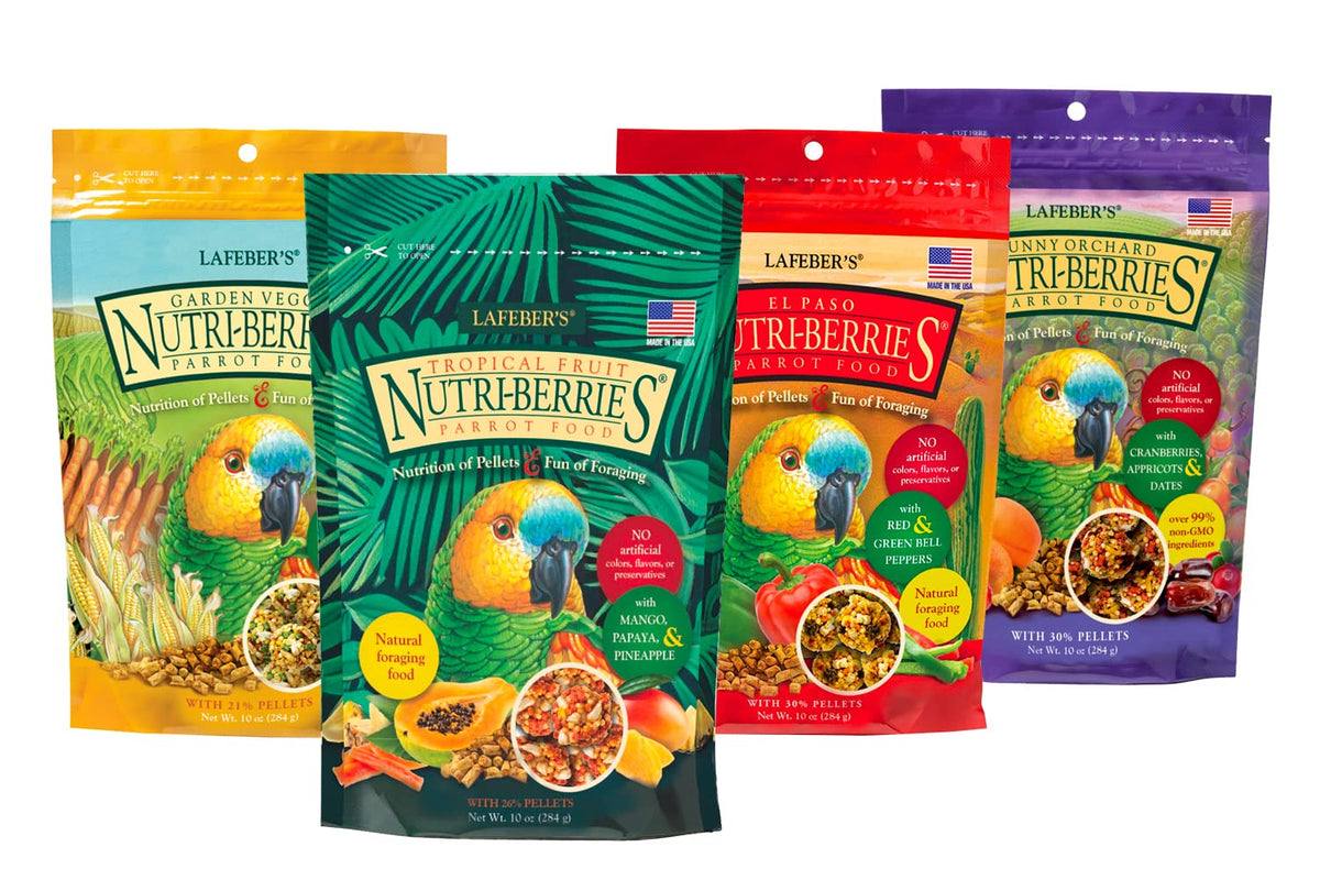 Lafebers Gourmet Nutri-Berries Tropical Fruit bag with real fruit pieces for balanced parrot nutrition.