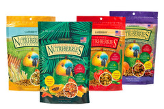 Lafebers Gourmet Nutri-Berries Tropical Fruit bag with real fruit pieces for balanced parrot nutrition.