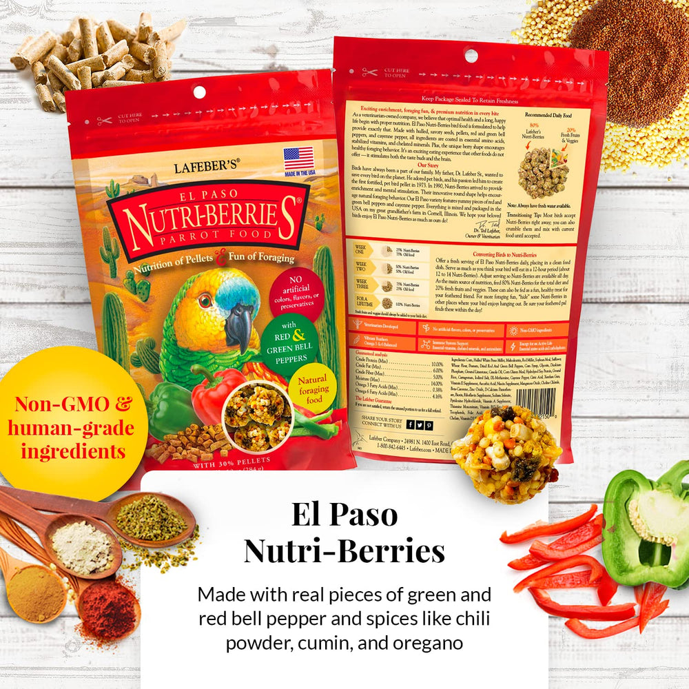 Lafebers Gourmet Nutri-Berries Variety Bundle box showing four flavors for rotating diet and foraging.