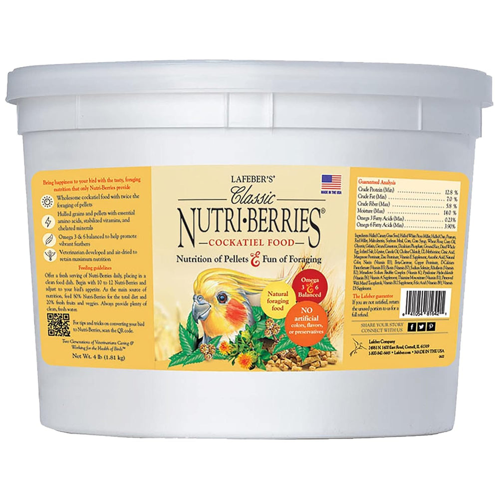 Lafebers Nutri-Berries bag front emphasizes non-GMO, human-grade ingredients for cockatiels.