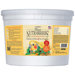 Lafebers Nutri-Berries bag front emphasizes non-GMO, human-grade ingredients for cockatiels.