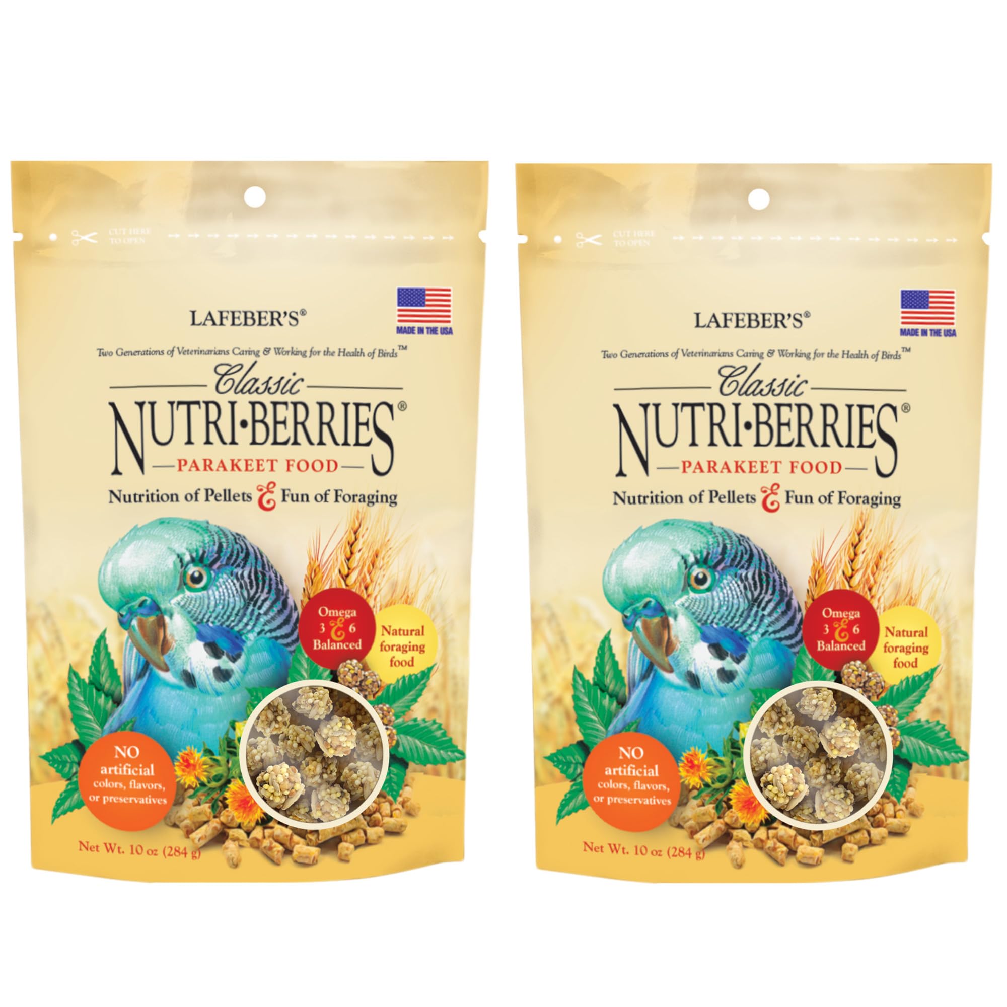 LAFEBER'S Nutri-Berries packaging shows a convenient two-pack for parakeets