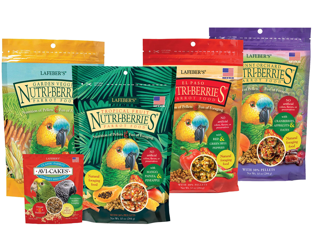 LAFEBER'S Nutri-Berries variety sampler bundles for parrots provide a balanced diet option.