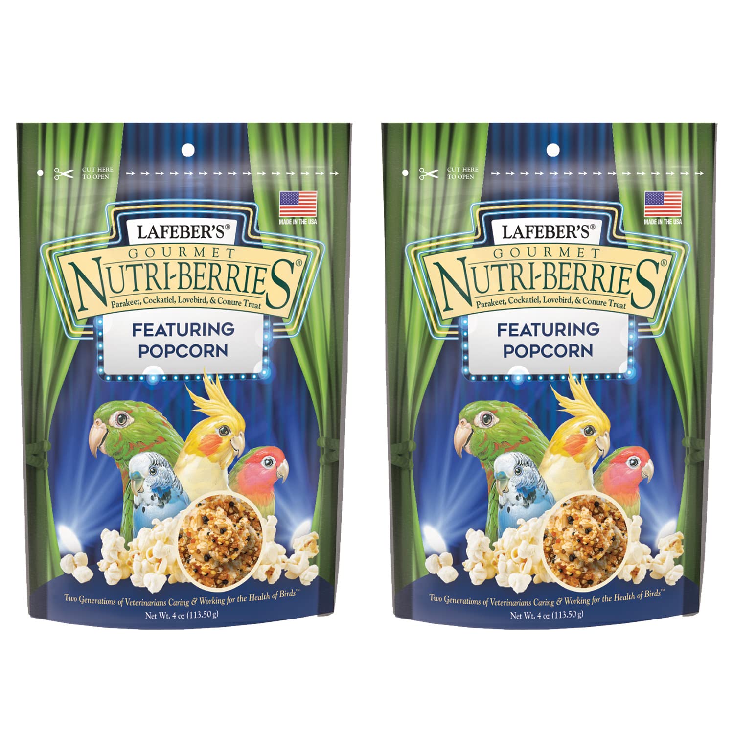 LAFEBER'S Popcorn Nutri-Berries bag front presents a healthy foraging snack for cockatiels.