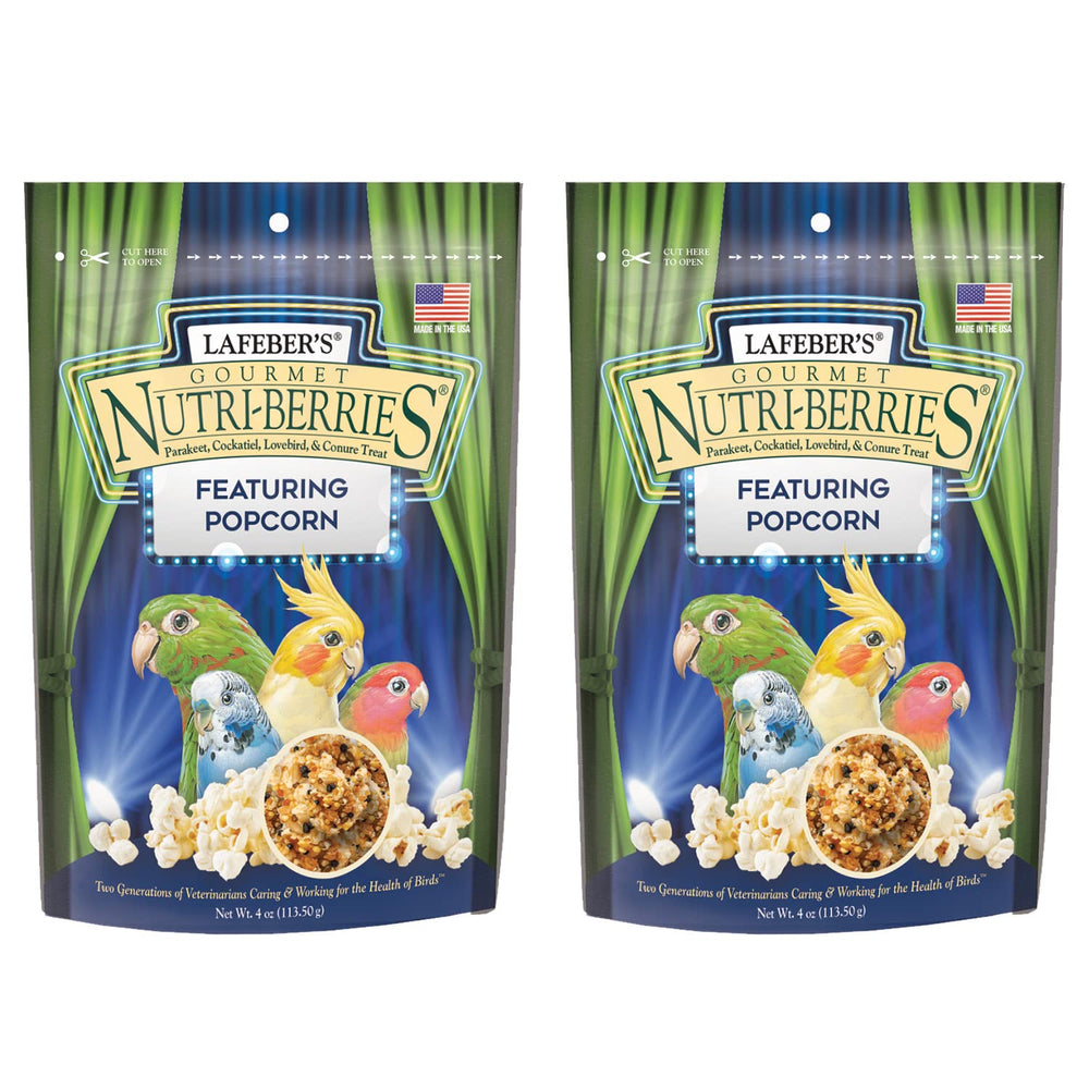 LAFEBER'S Popcorn Nutri-Berries bag front presents a healthy foraging snack for cockatiels.