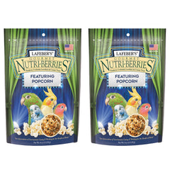 LAFEBER'S Popcorn Nutri-Berries bag front presents a healthy foraging snack for cockatiels.