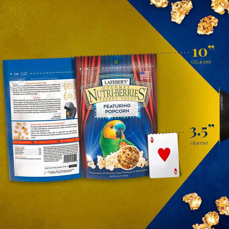 LAFEBER'S Popcorn Nutri-Berries unopened bag shows human-grade ingredients.