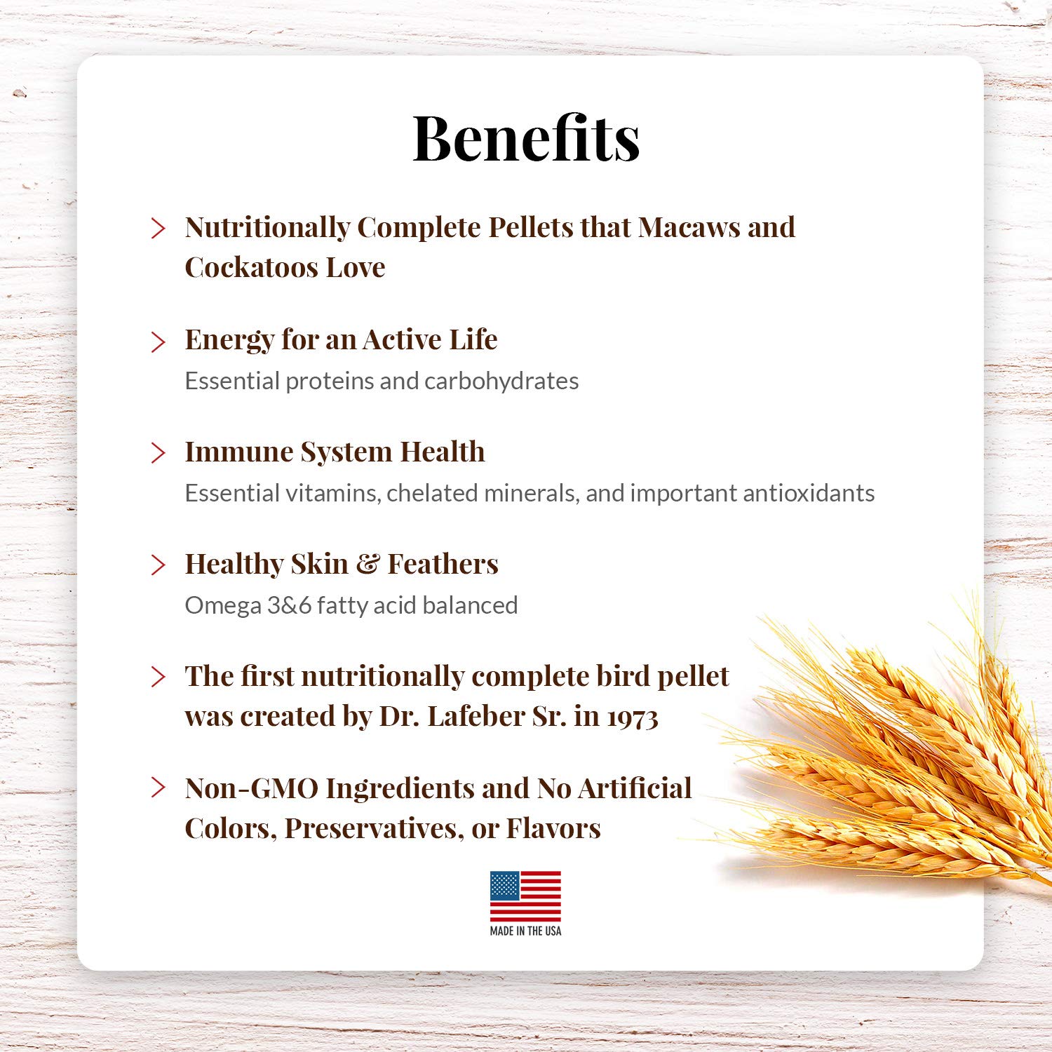 LAFEBER'S Premium Diet Pellets ingredients label highlights non-GMO, human-grade components for confidence.